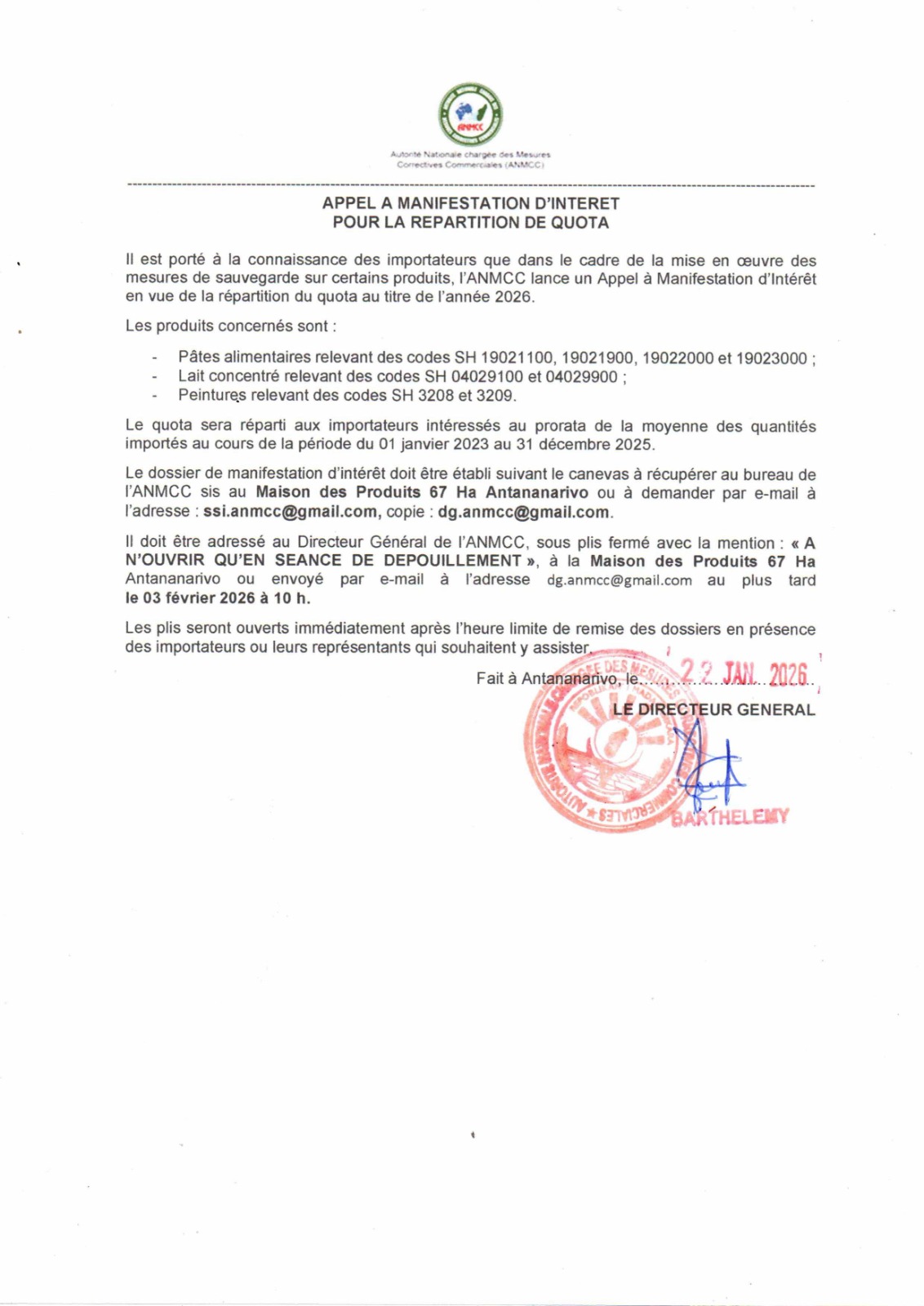 APPEL A MANIFESTATION D INTERET POUR LA REPARTITION DE QUOTARET POUR 